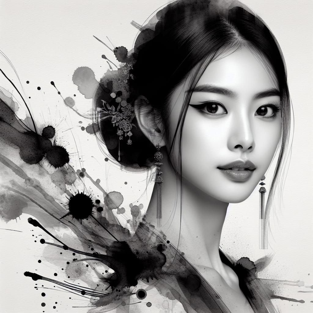 Elegant Asian Woman in Chinese Ink Painting