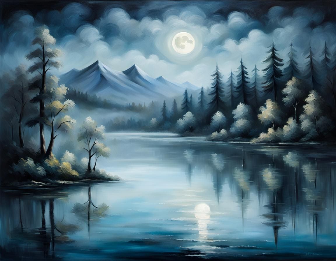 Moonlit Lake at Night in Impressionistic Style