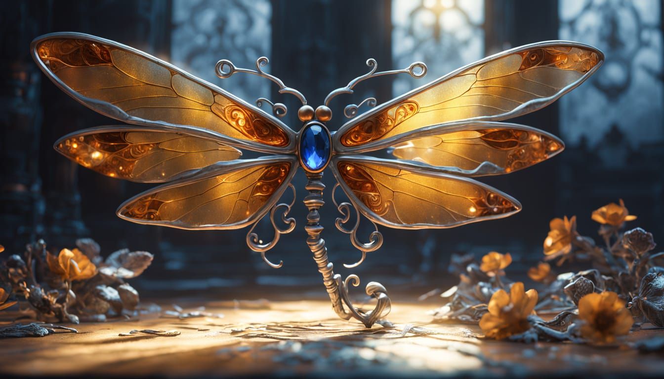 Amber Flower, Silver Key, and Glass Dragonfly in Ethereal Li...