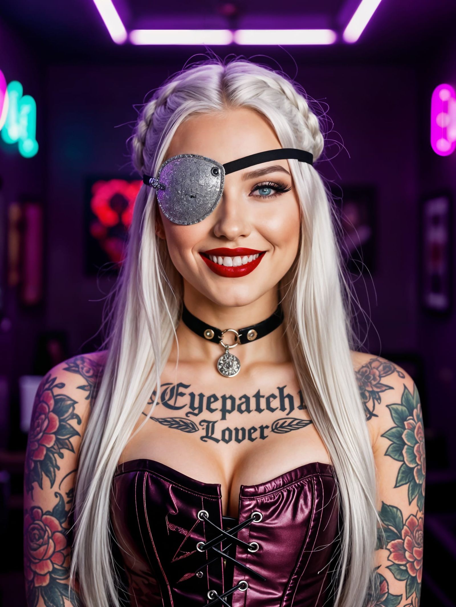 Portrait of Eyepatch Woman in Neon Tattoo Shop