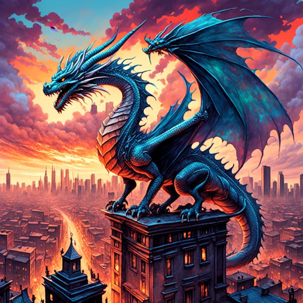 Dragon Over City Digital Art with Graffiti