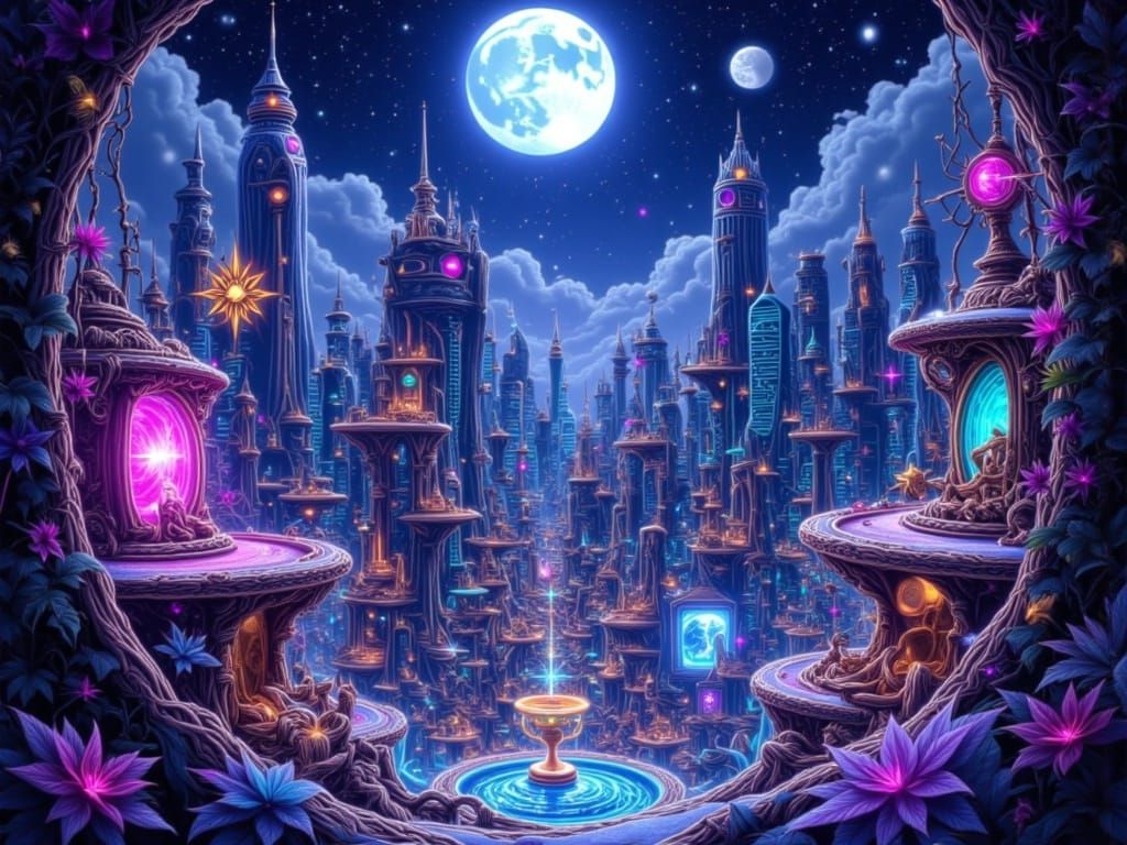 Radiant Cityscape Under Happy Moon in Digital Art Style