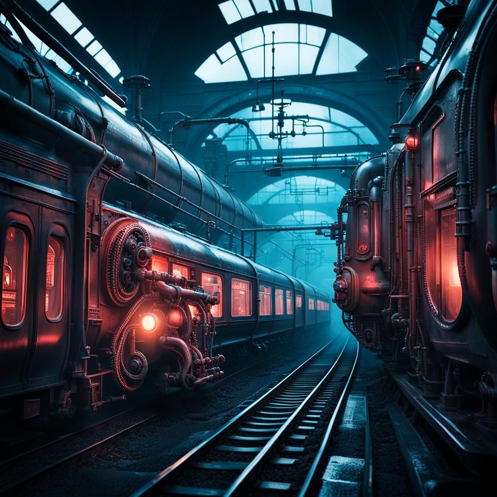 Biopunk Train Speeds Through Misty Station