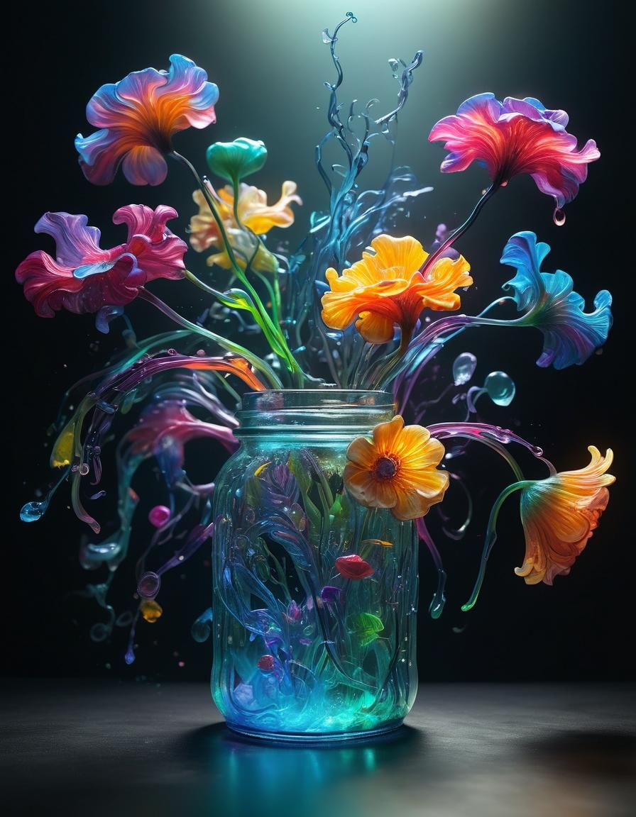 Neon Flowers in Glass Jar: Hyperrealistic Splash Art