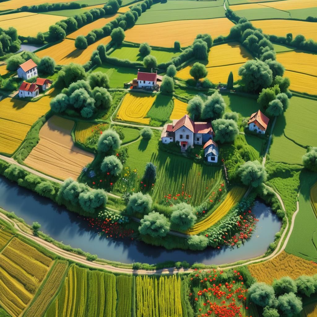 Lush Island Village Scene with Wheat Fields