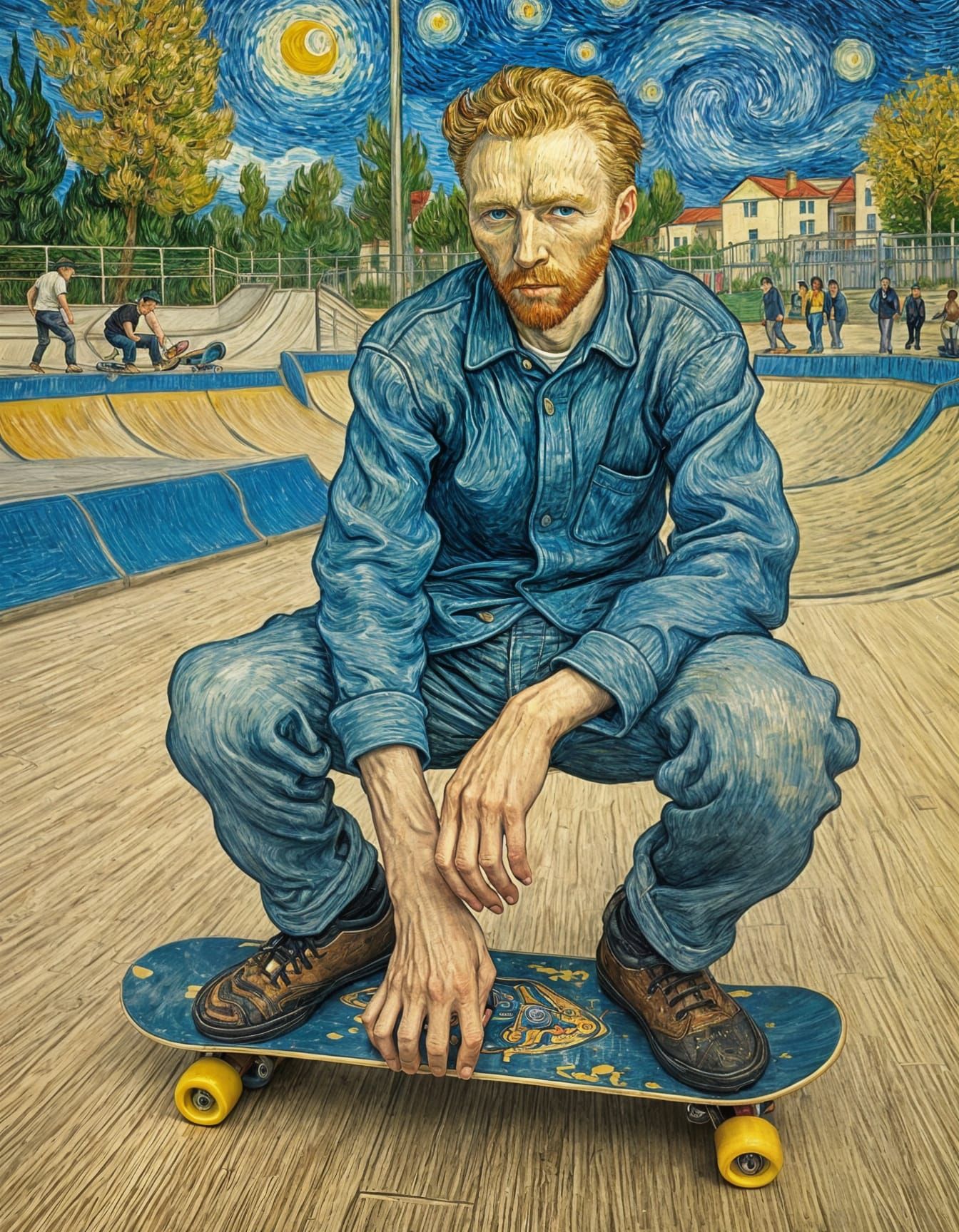 Van Gogh  On A Skateboard At A Skatepark