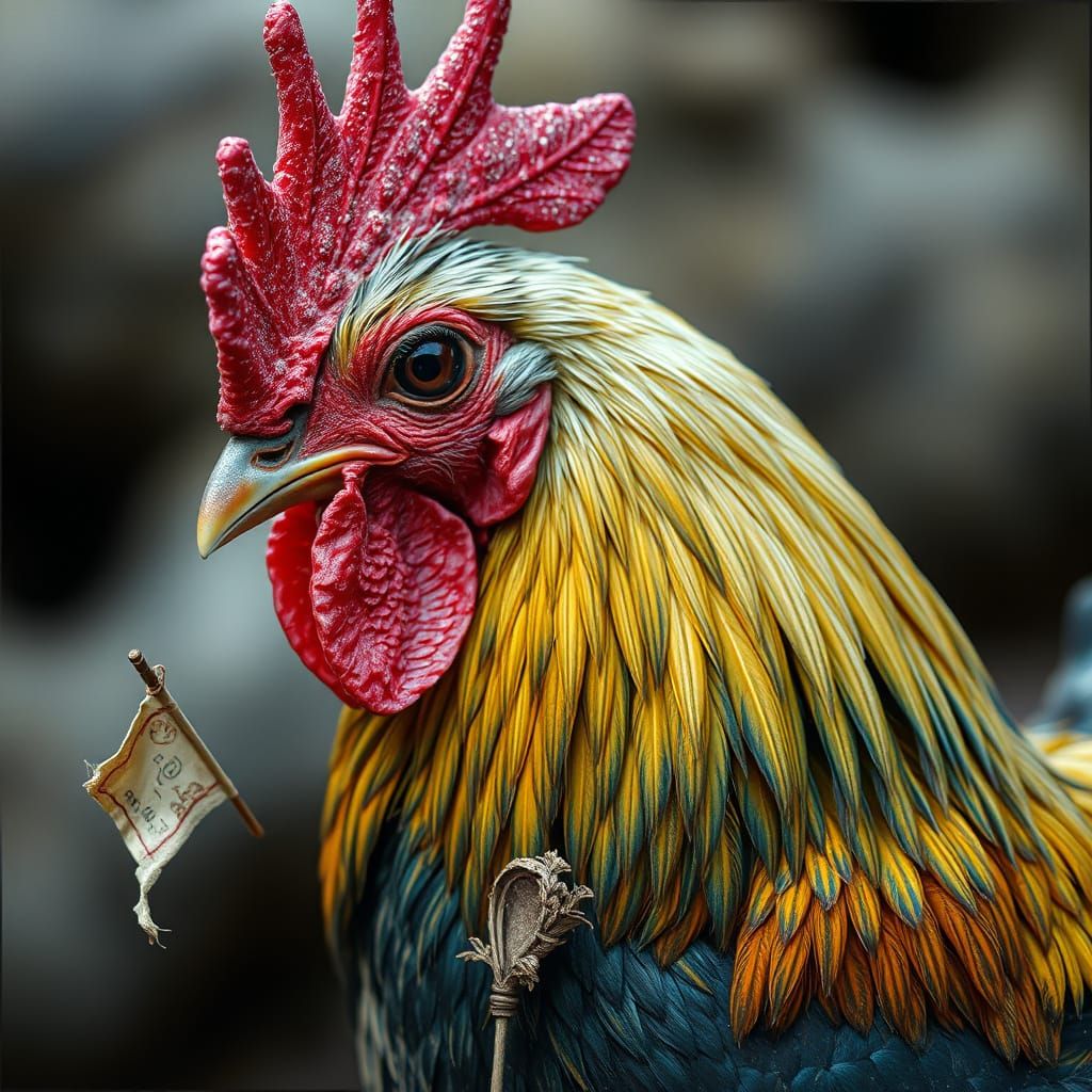 Weathered Rooster with Flag, Impasto Photojournalism