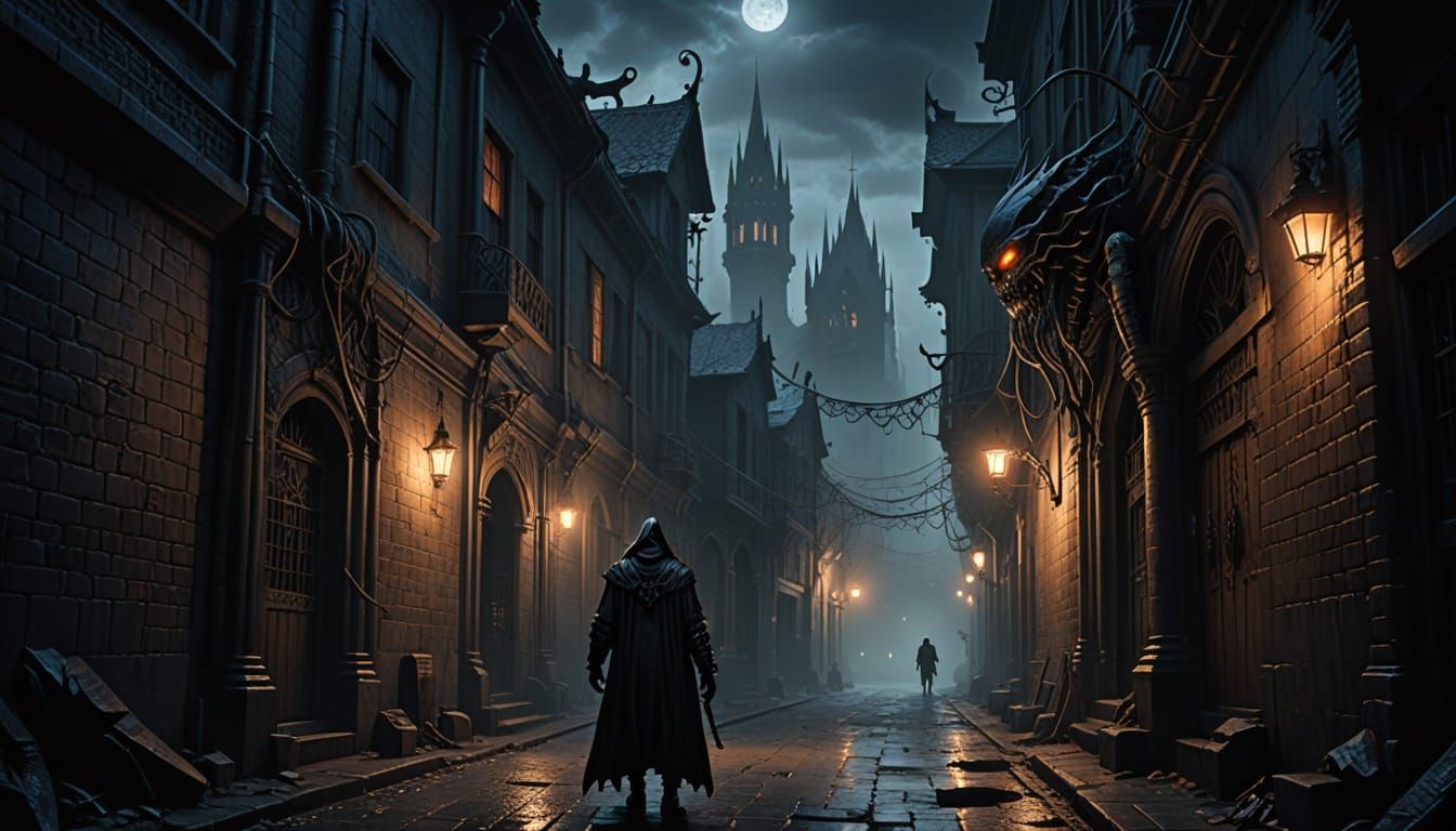 Gothic Dark Fantasy Figure in Haunting Alleyway Scene