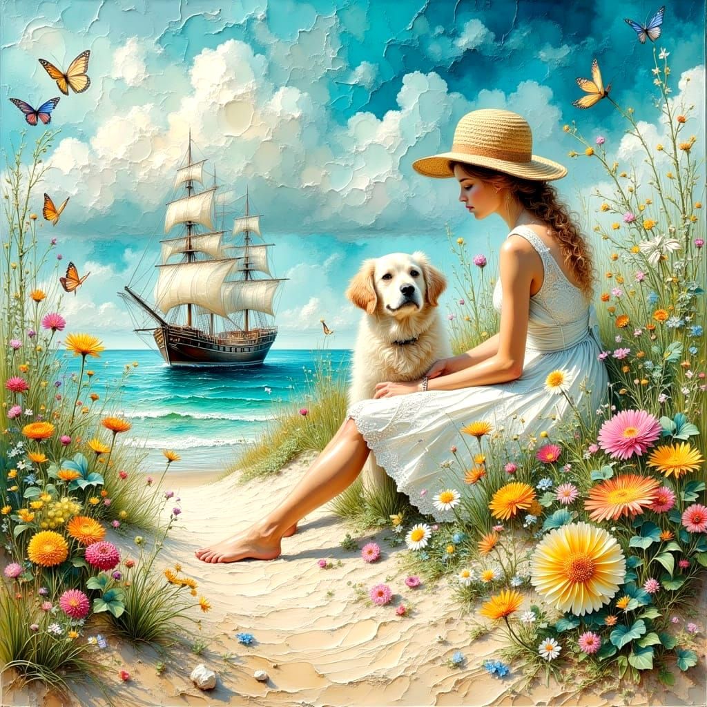 Girl and Dog Enjoying Freedom, Impasto Painting