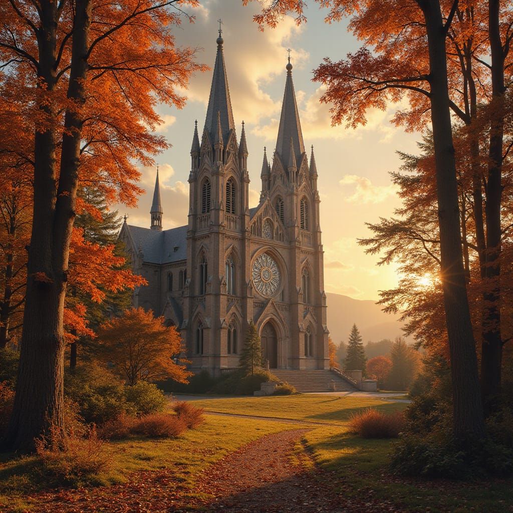 Gothic Cathedral in Autumn Forest, Romantic Landscape Art