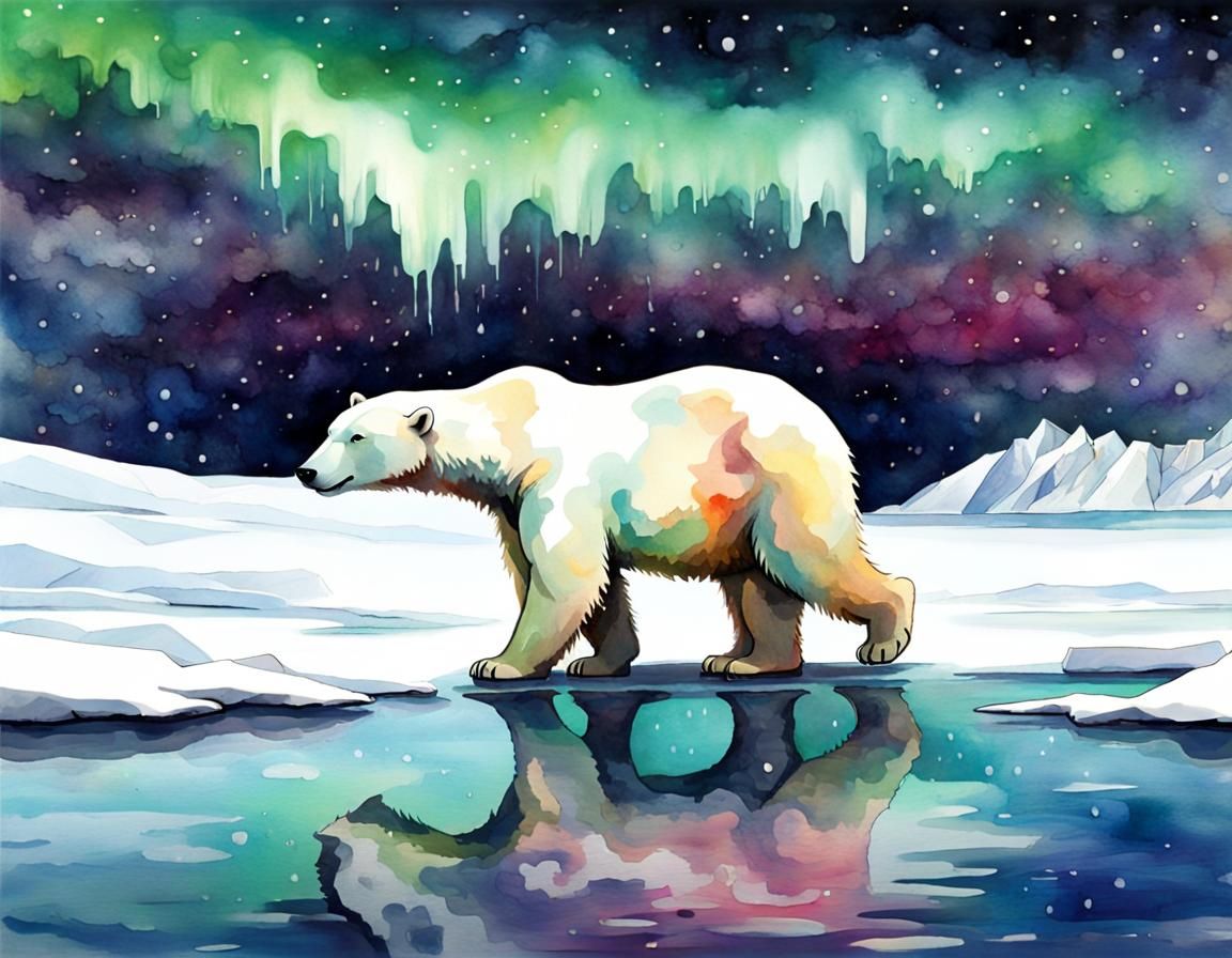 Watercolor Polar Bear Under Northern Lights