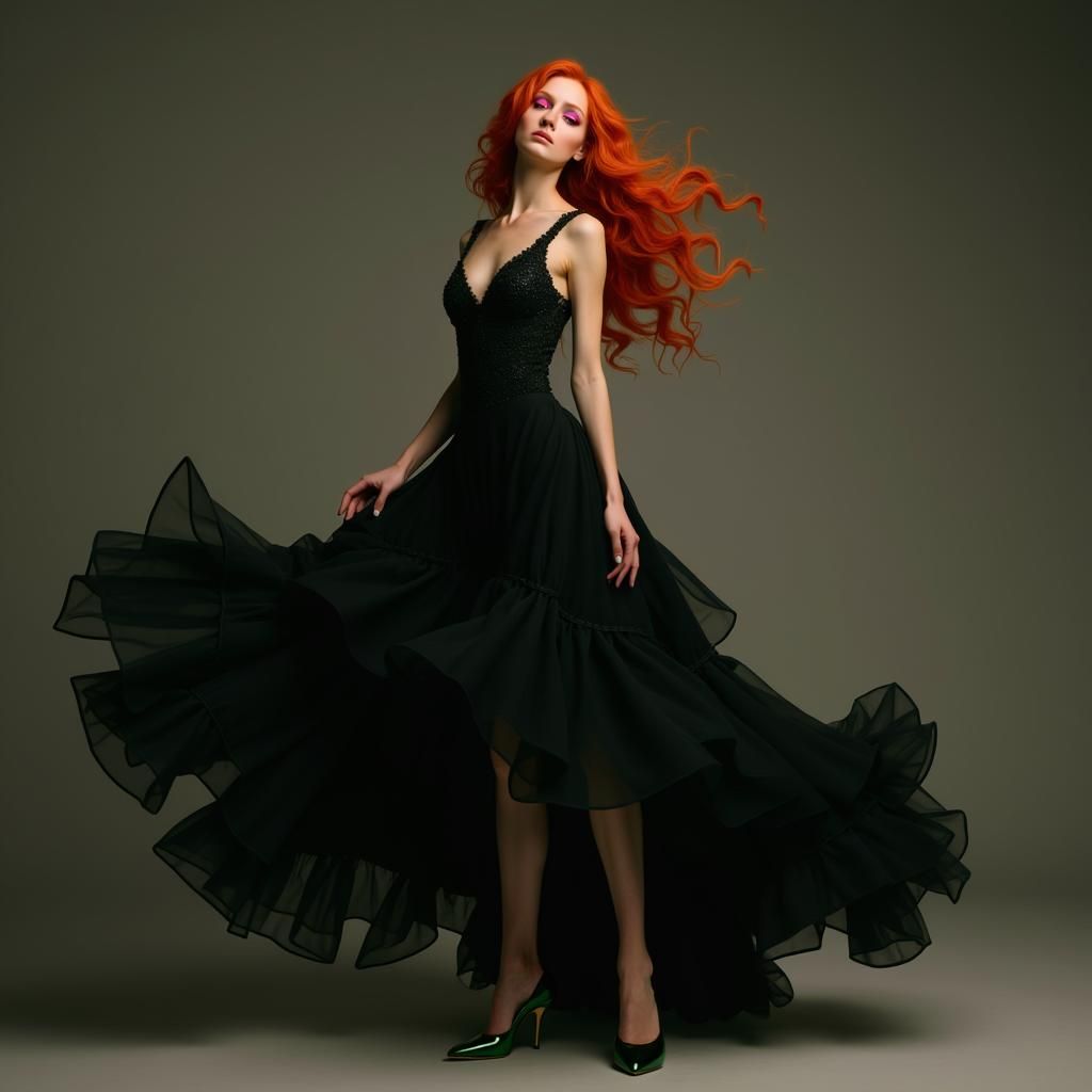 Hyperrealistic Portrait of Victoria in Flowing Black Dress