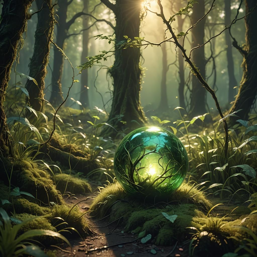 Glowing Orb with Vines in Mystical Forest