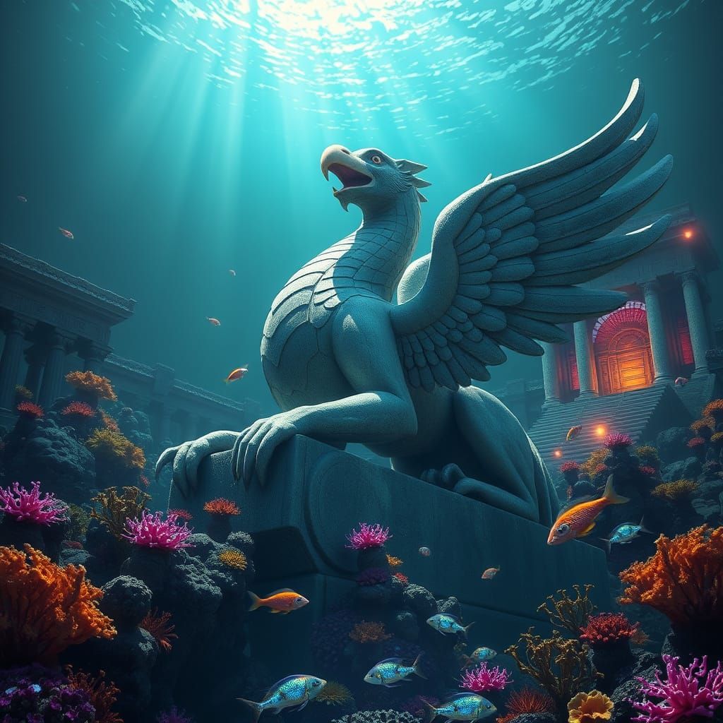Colossal Griffin Statue in Sunken Palace, Deep Ocean