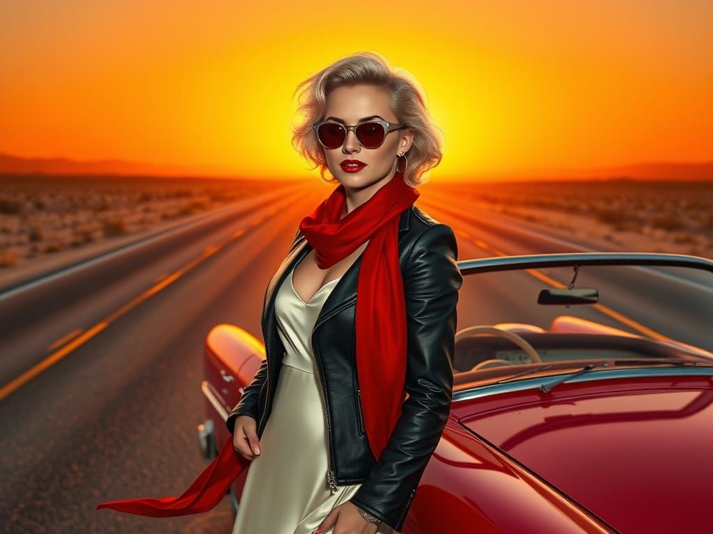 A hyper-realistic, cinematic portrait of Scarlett Monroe, the iconic American actress and singer, captured standing conf...