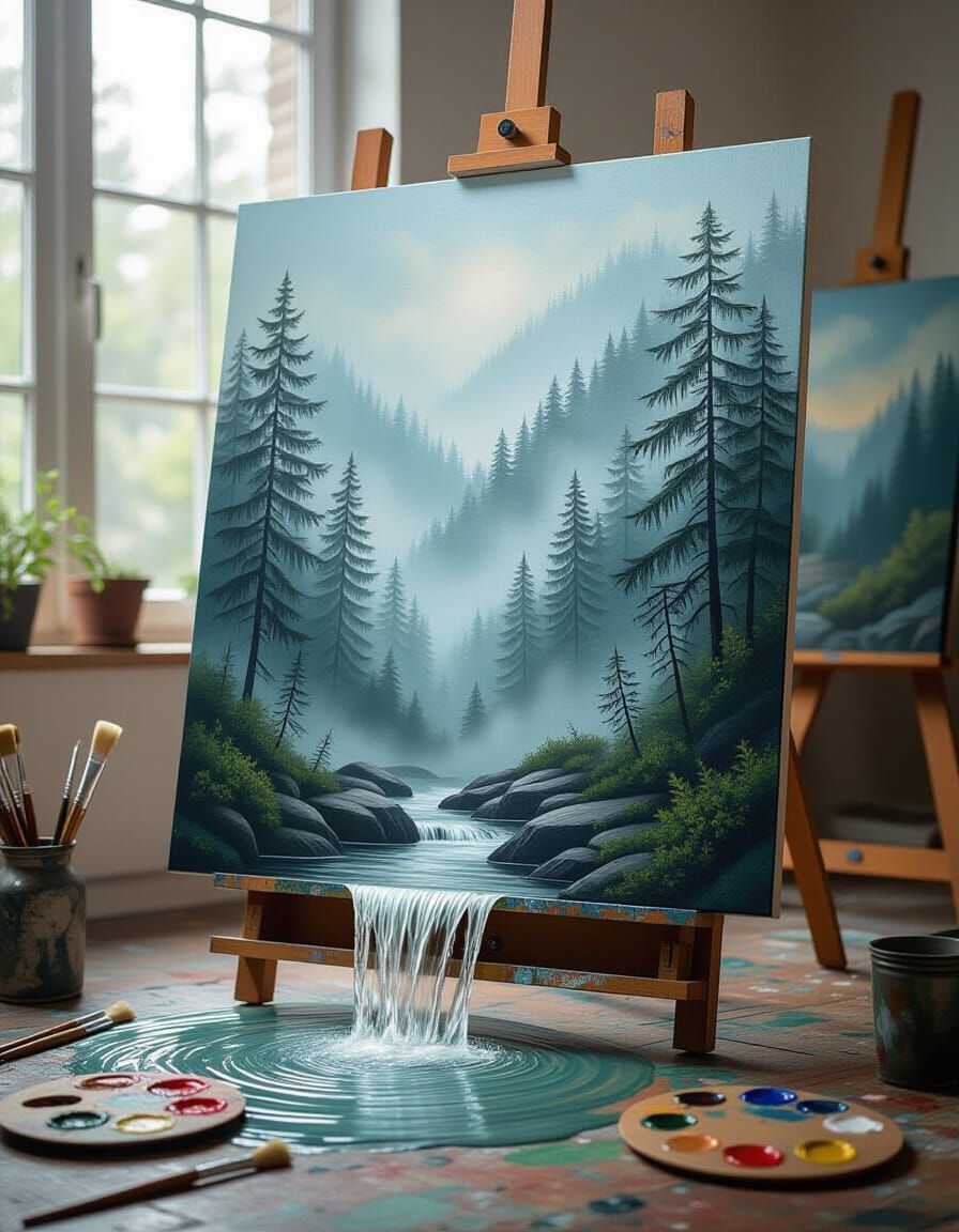 Surreal Waterfall Painting Spills Onto Studio Floor