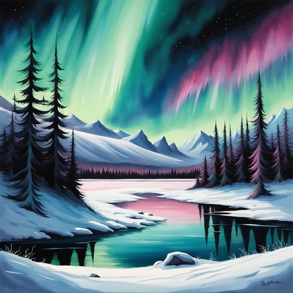Aurora Borealis Over Winter Snow Plain Watercolour