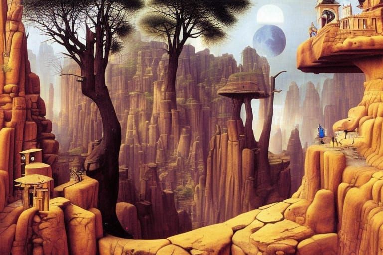 Surreal Cliffside Village at Night, Digital Art