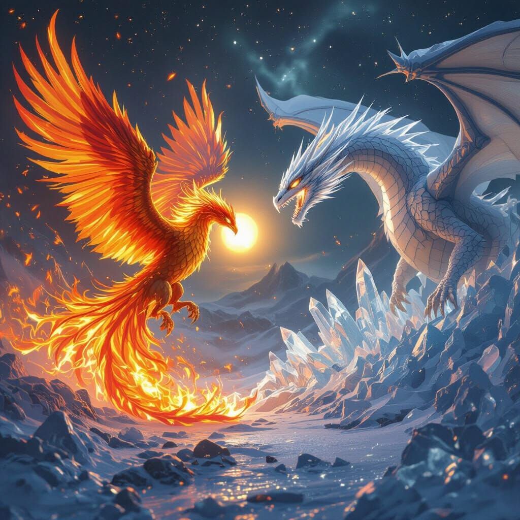 Phoenix and Ice Dragon Clash in 3D Animation Style