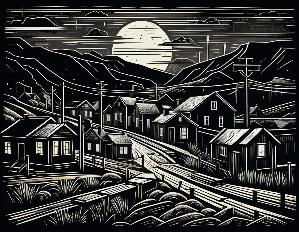 Abandoned Mining Town: Linocut Art-Deco Print