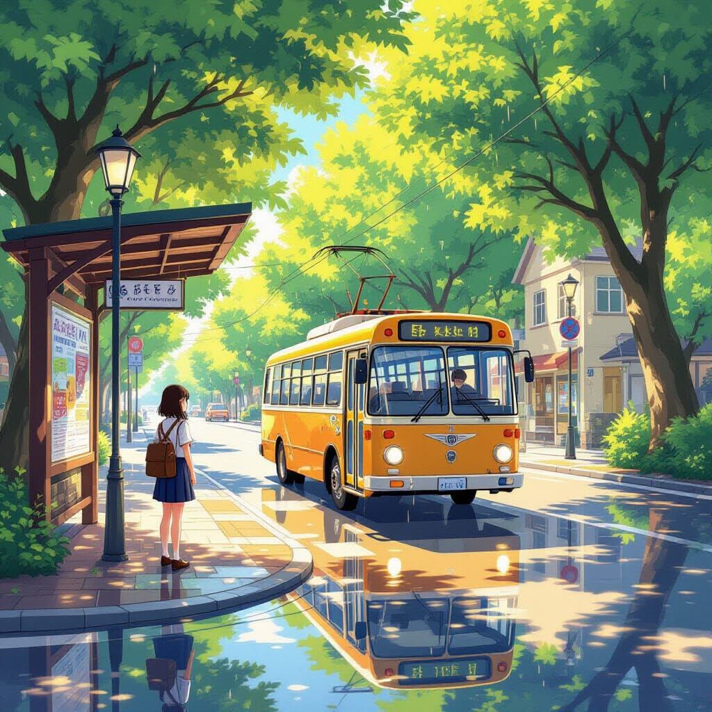 Anime Street Scene After Rain, Makoto Shinkai Style