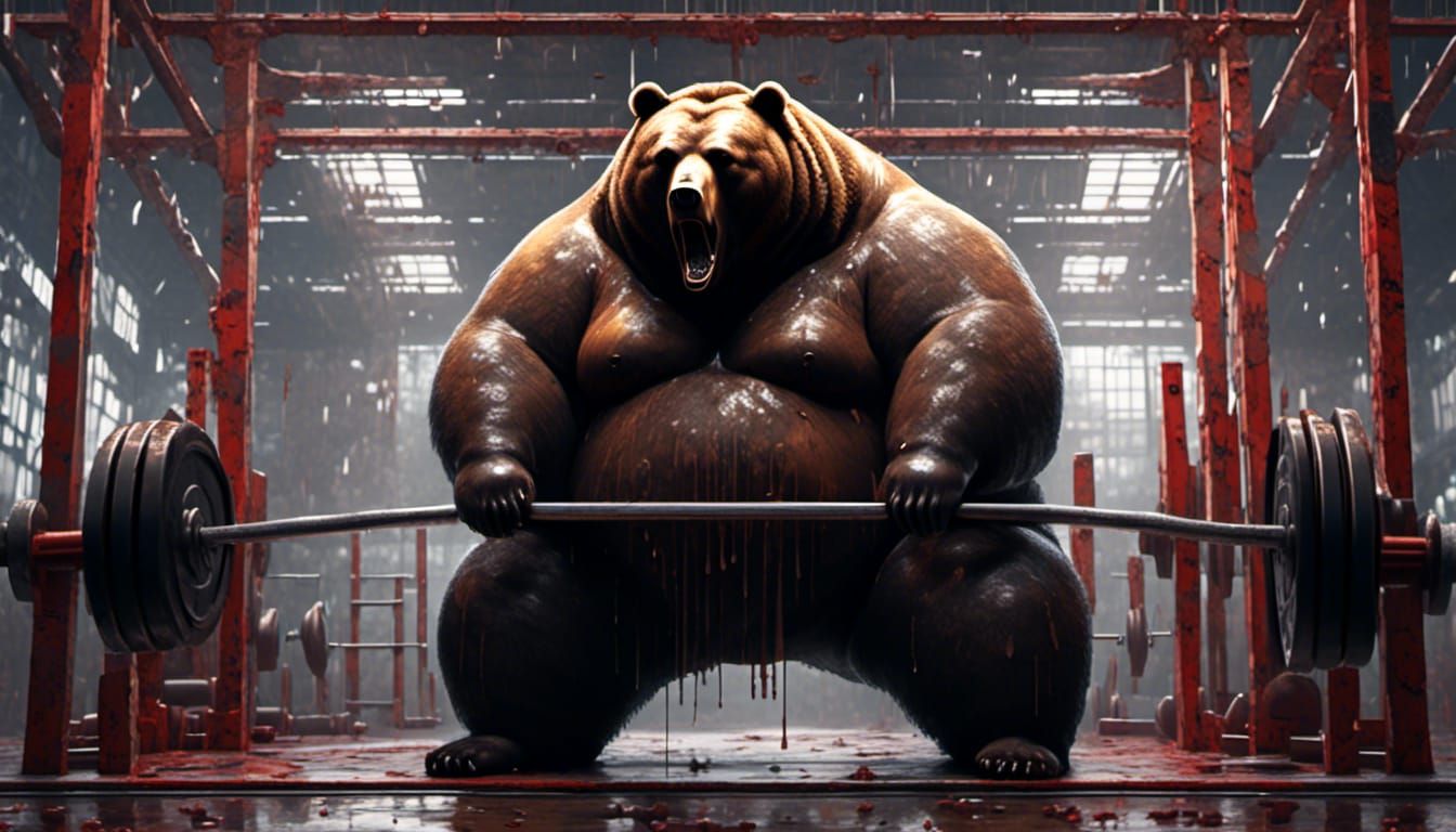 Obese Bear Lifting Weights in Gym: Detailed Photo