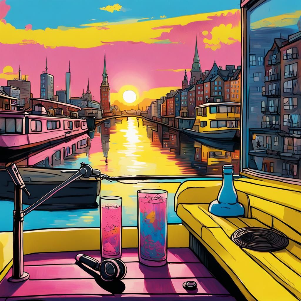 Sunrise Houseboat Scene in Hamburg: Graffiti Art