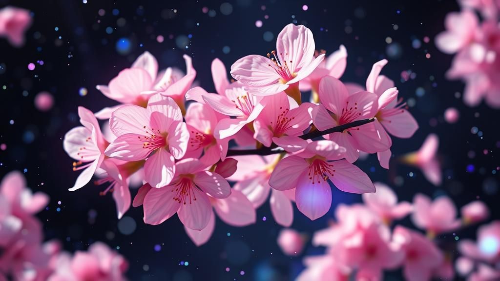 Iridescent Cherry Blossoms in Cosmic Dance