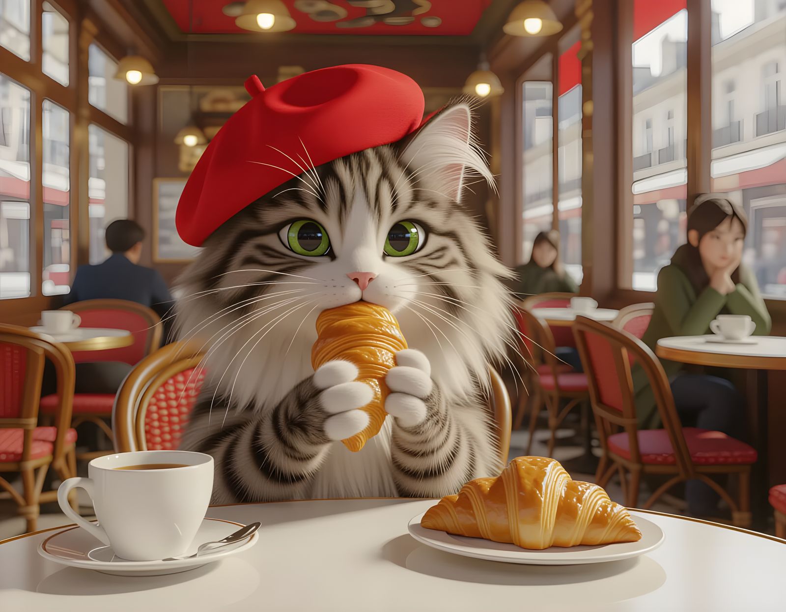 Norwegian Cat in Paris Café: 3D Anime Art