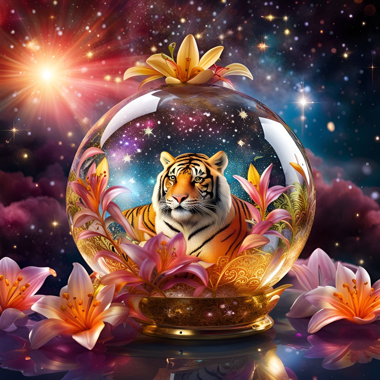 Floral Glass Sphere containing a Majestic Tiger