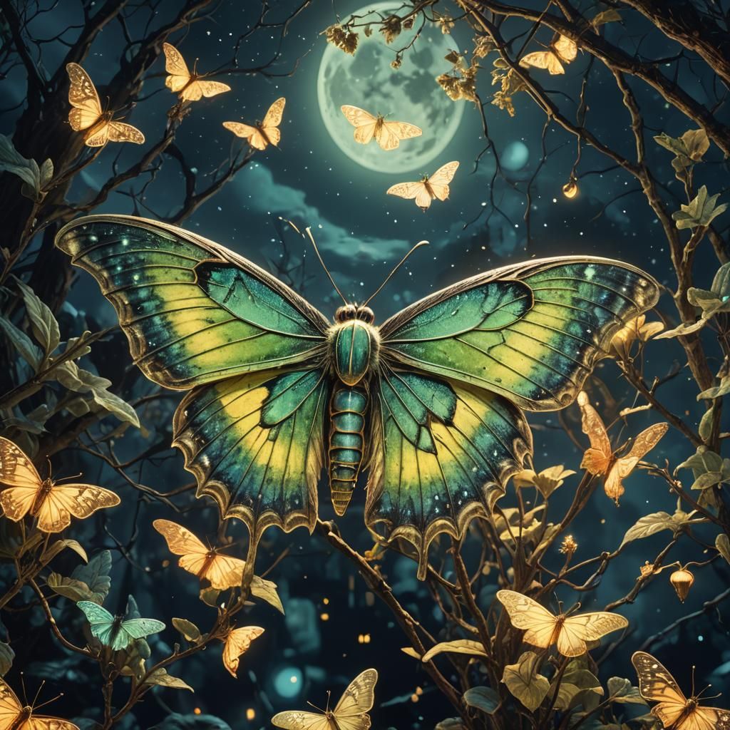 Glowing Lunar Moth Vintage Photograph in Moonlight