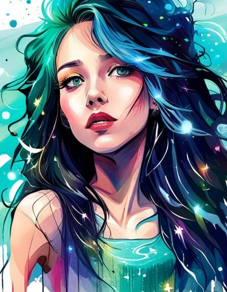 Ethereal Girl Gazing at Cosmic Aurora in Anime Style