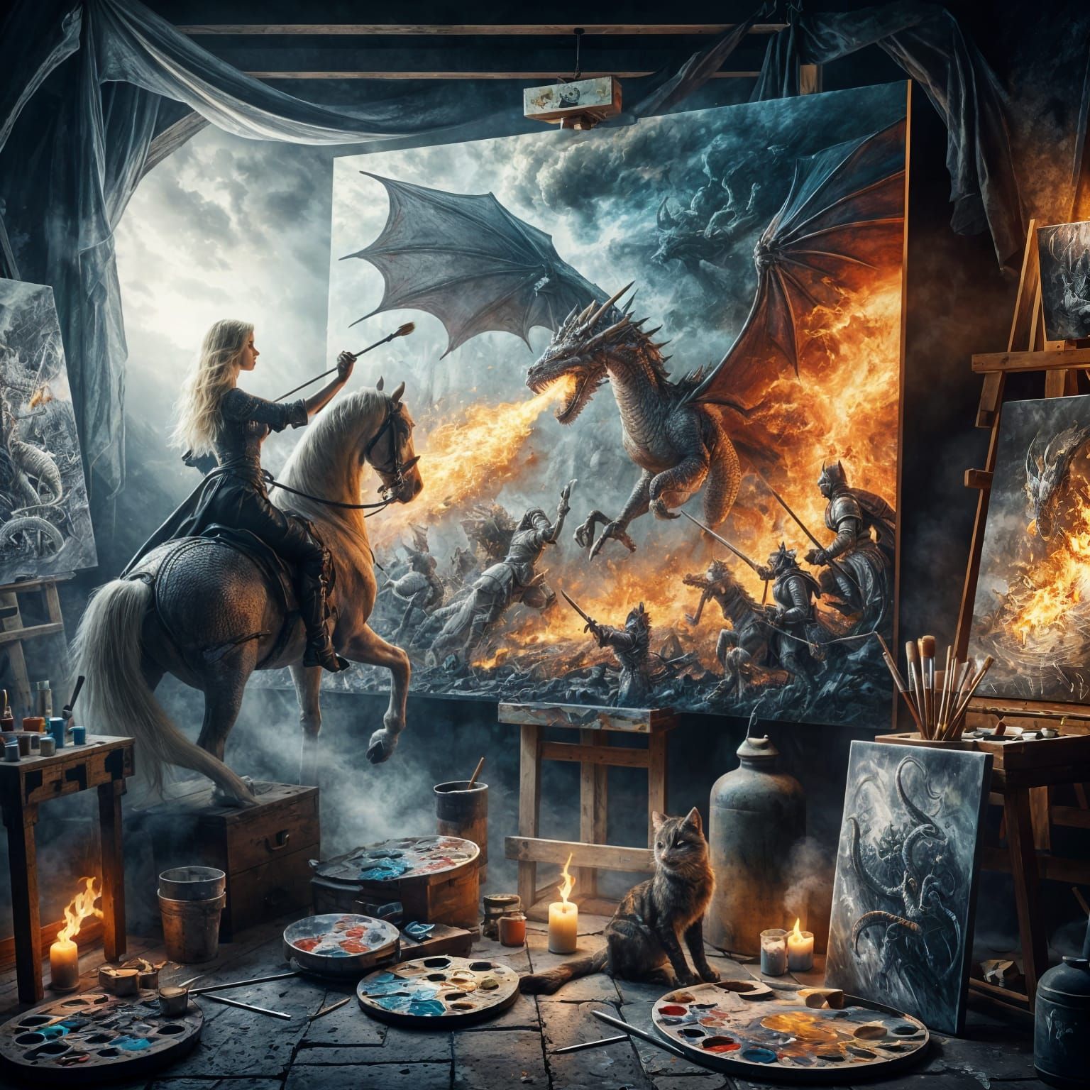 highly detailed, fantastical chiaroscuro scene of a blonde f...