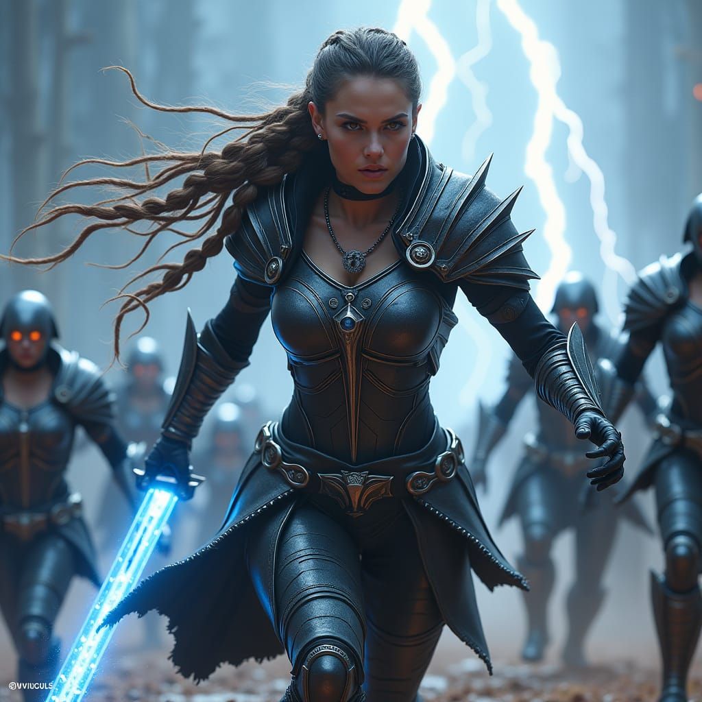 Valkyrie Warrior Charging into Battle, in Futuristic Style