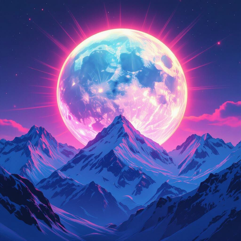 Neon Moon Radiance Over Snowy Mountains