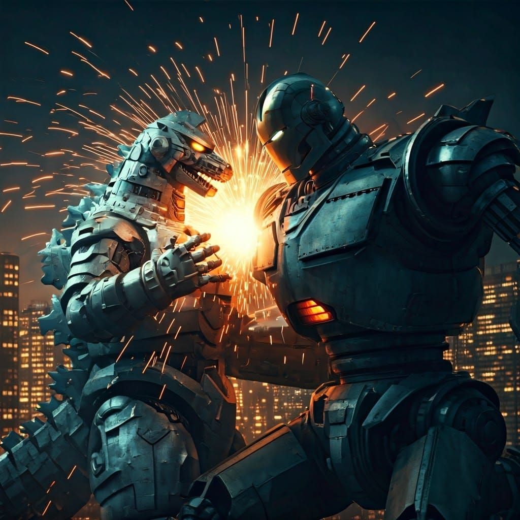 Mecha-Godzilla vs Iron Giant in Cyberpunk City