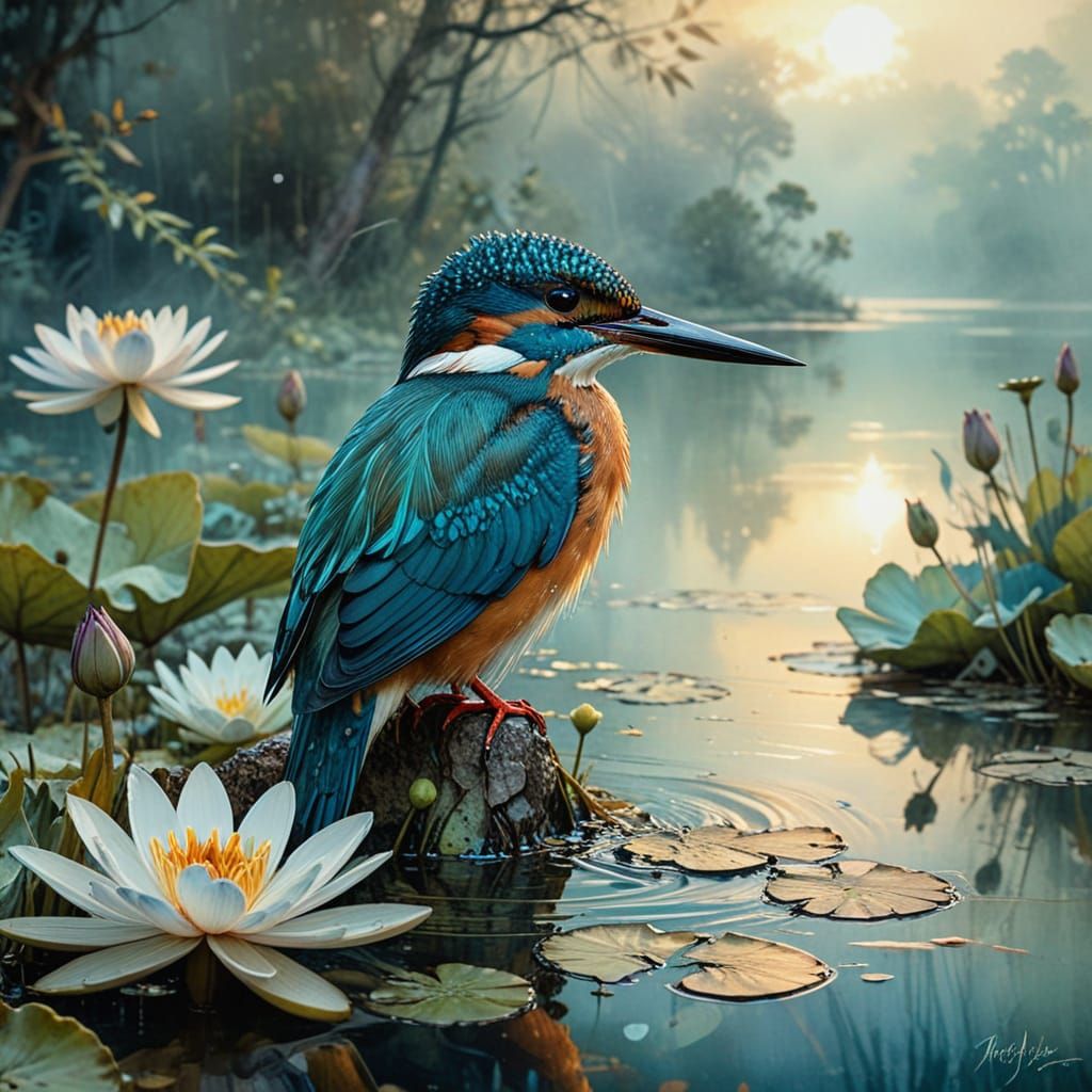 Surreal Kingfisher in Dreamy Water Lily Scene, Inspired by P...