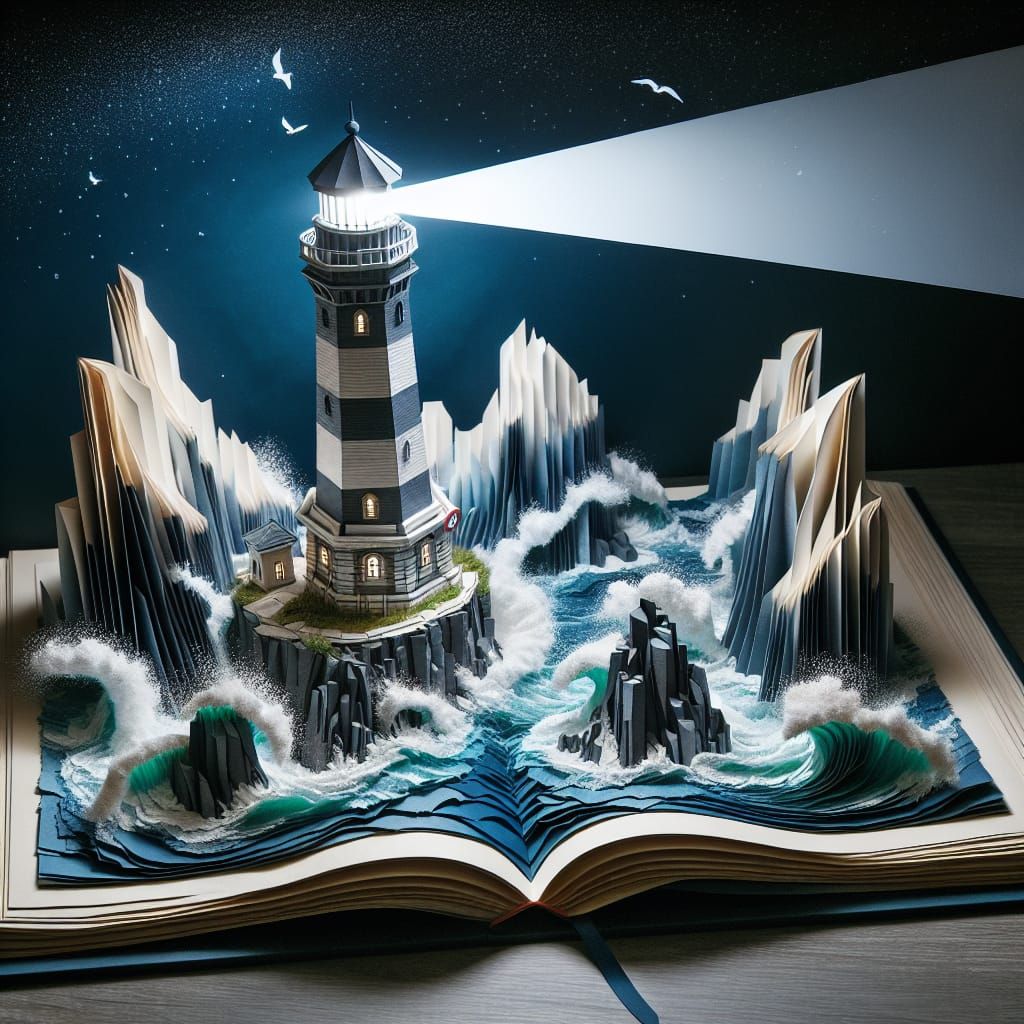 Epic Lighthouse Scene in Open Origami Book with 3D Elements