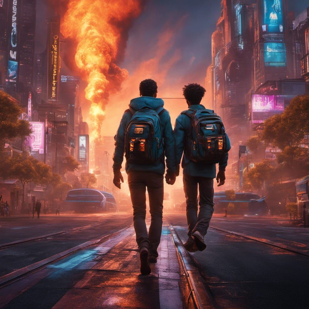 Father and Son Journey Through Burning Cyberpunk City