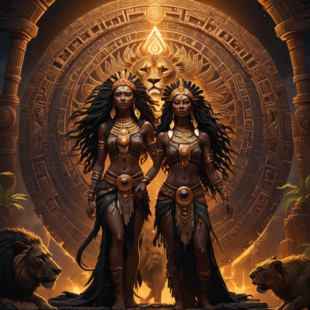 Aztec Women and Lion Portal in Dark Fantasy Art