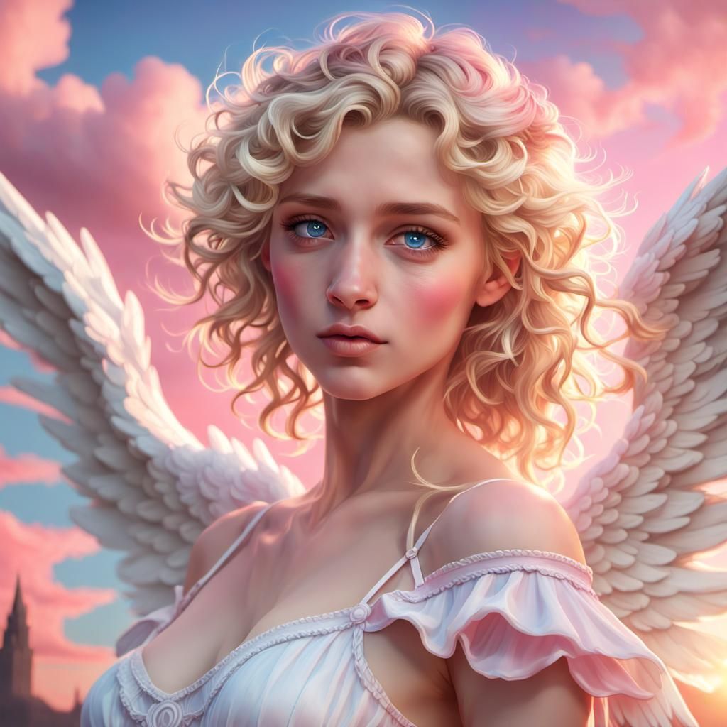 Blonde Angel Portrait with Wings in Fantasy Style