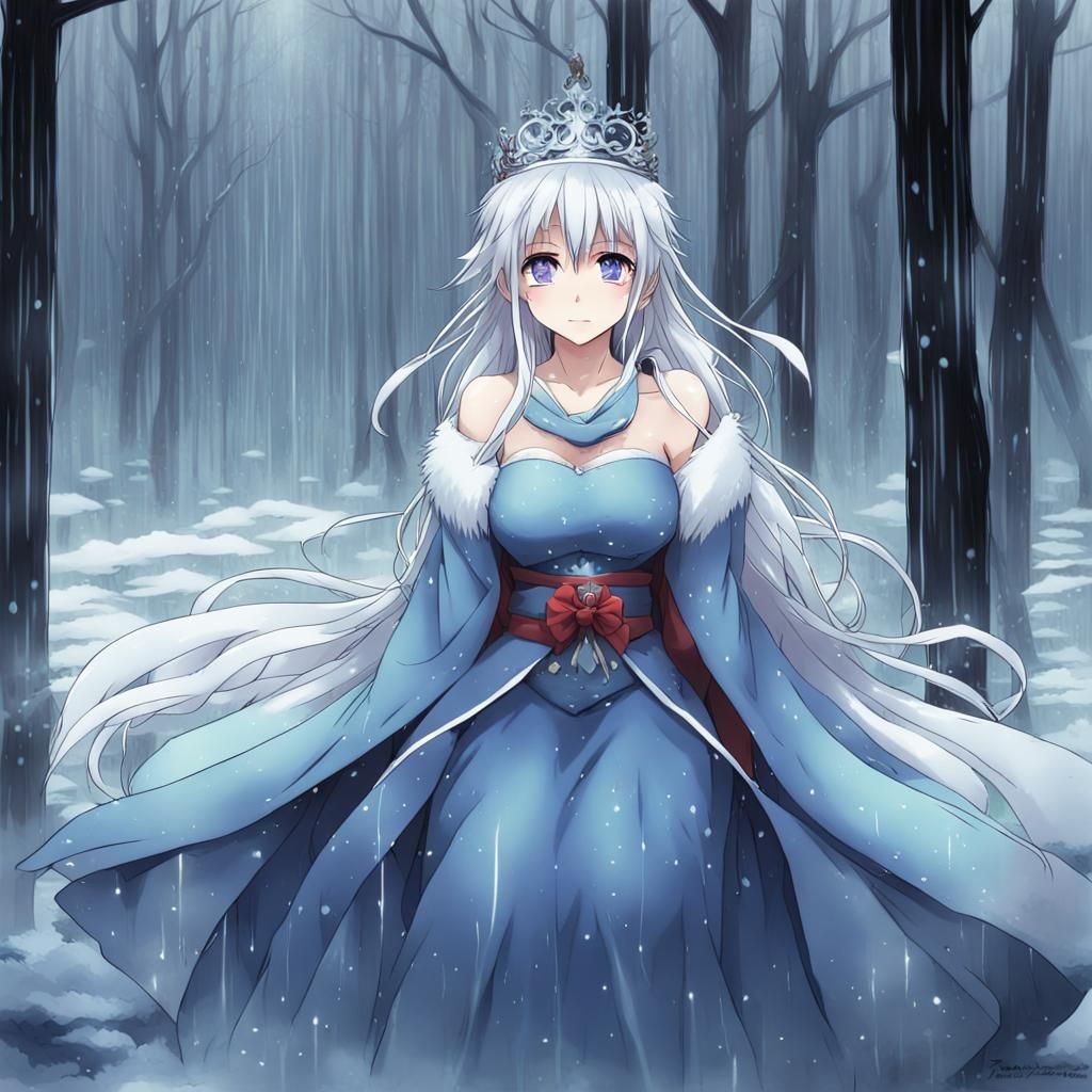 Anime-Style Winter Princess in Rainy Forest