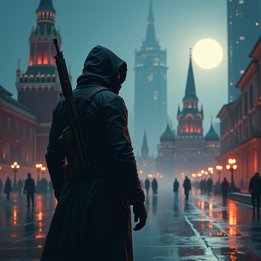 Futuristic Russia: Cyberpunk Figure Contemplates Dark Citysc...