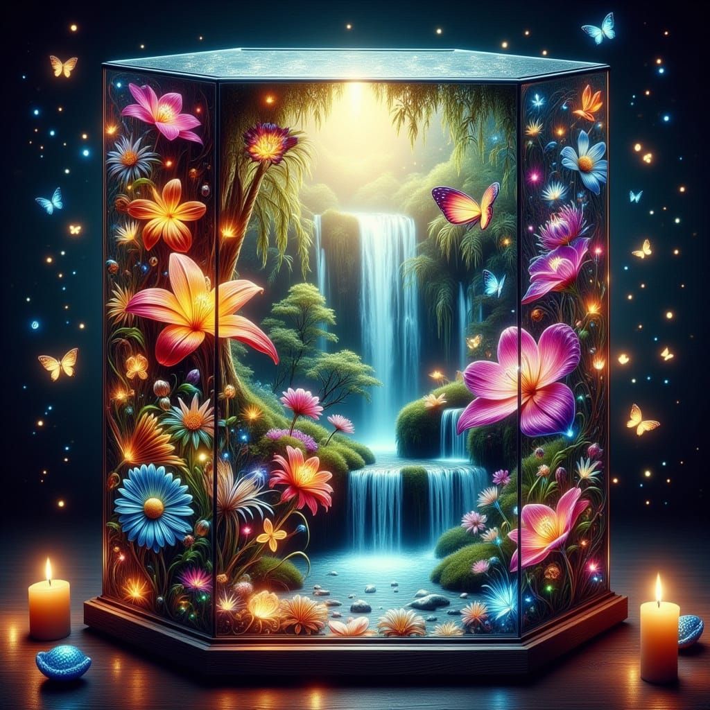 Vibrant Jungle Oasis in Glass Box, Surreal Street Art Scene