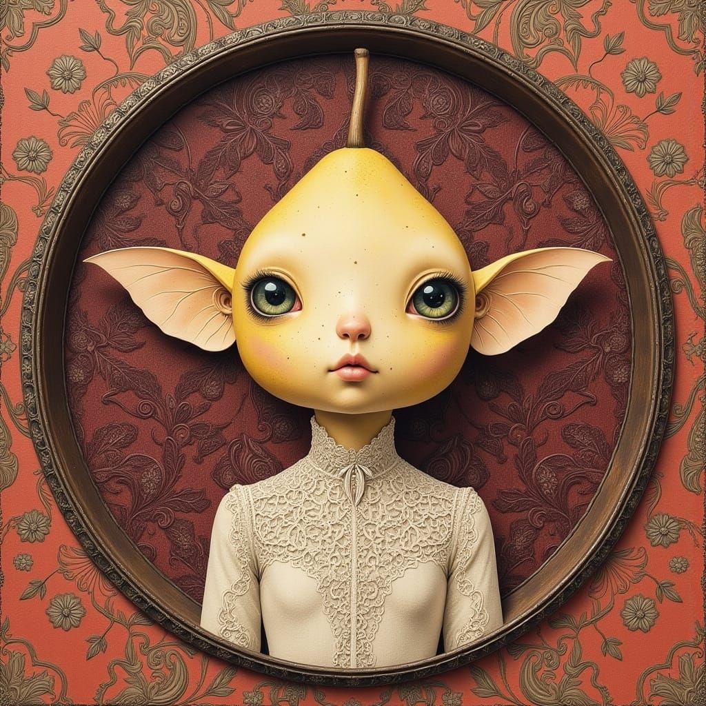 Delicate, Pear-Like Being in Opulent Victorian Setting