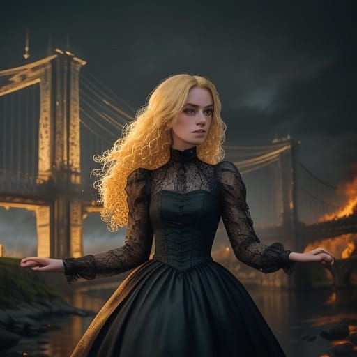 Romantic Gothic Scene: Blonde Woman Under Iron Bridge