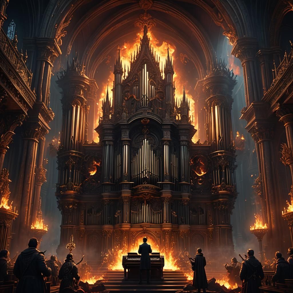 Musician Plays Organ at Hell's Gate: Fantasy Art