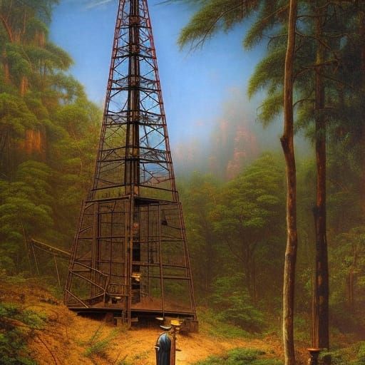 Steampunk Oil Derrick in Subtropical Forest, Detailed 4K