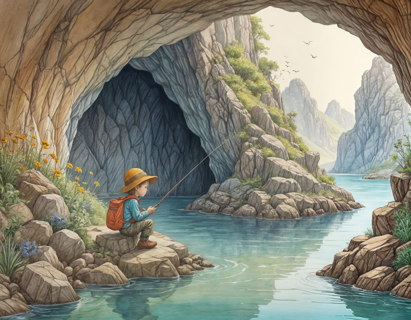 Cute Boy Fishing at a Cave in a Whimsical Cartoon Style