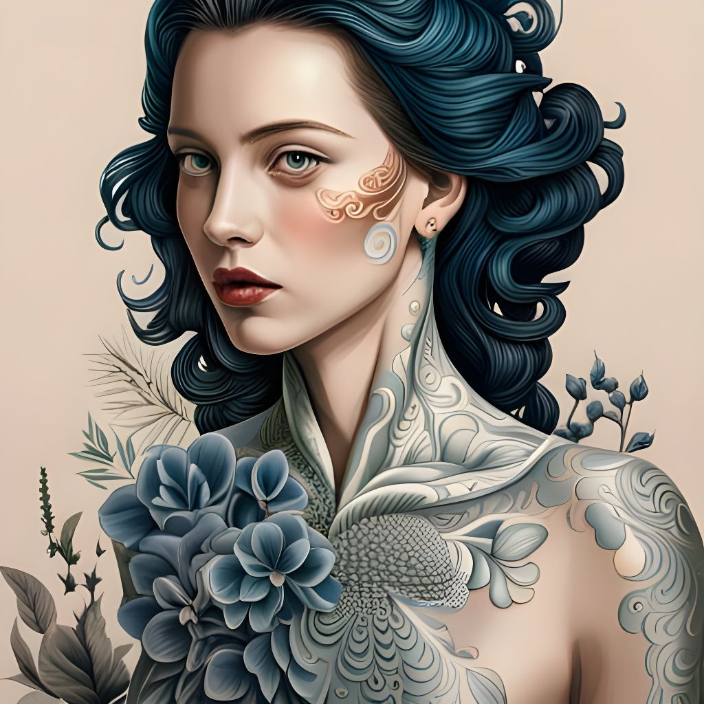 Detailed Portrait of Woman with Flowers in Dress